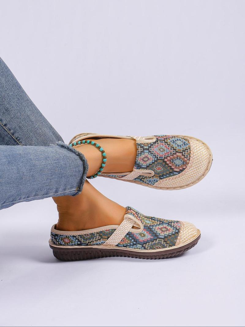 Product Introduction of Colorful Ethnic Pattern Braided Slip on Flats, Lightweight Round Toe Shoes for Daily Wear, Breathable Shoes for Daily Wear 11