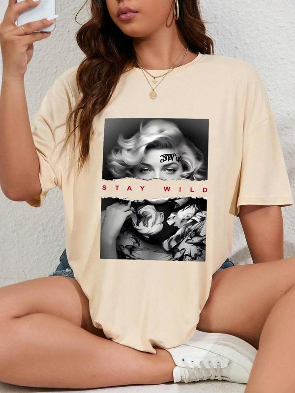 Women's Graphic Print Drop Shoulder Half Sleeve Tee, Fashion Casual Crew Neck T-shirt for Daily Holiday Vacation Outdoor Wear, Ladies Clothes for All Seasons 2