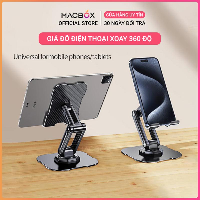 Giá đỡ điện thoại, iPad, iPhone, máy tính bảng tablet chân xoay 360 gấp gọn đế thép Macbox