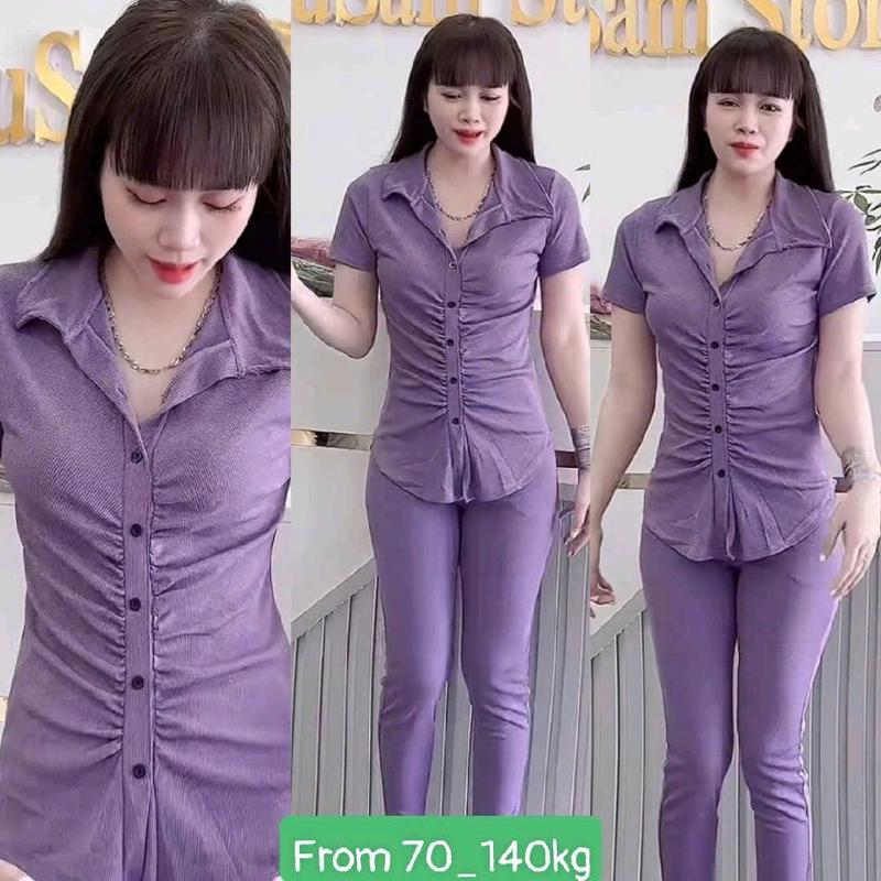 (70_140kg Hàng BigSIZE)  Đồ Bộ nữ mặc nhà áo cổ trụ xoắn eo phôi nút chất tâm lạnh mát mẻ co co giãn women nử top