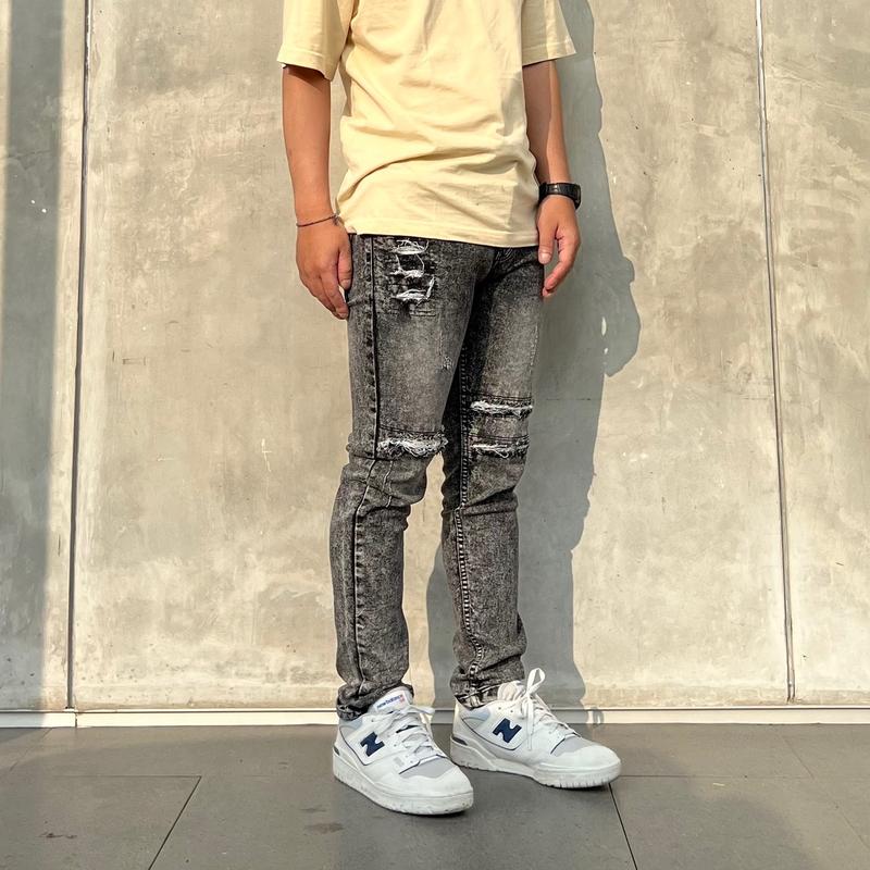 Celana jeans denim pria motif sobek straigh slim ripped Stretch Panjang Fit Slimfit Skinny 1