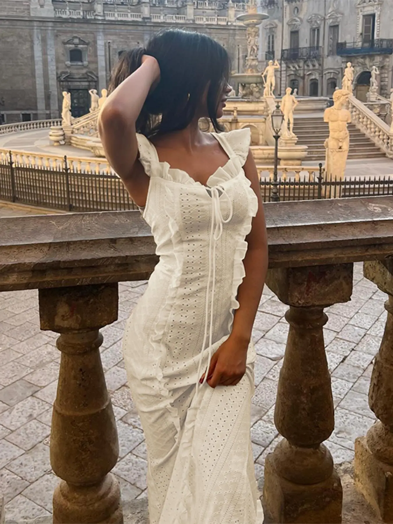 Women's Plain Eyelet Embroidery Frill Trim Tie Front Dress, Elegant A Line Dress for Summer, Ladies Clothes for Daily Wear