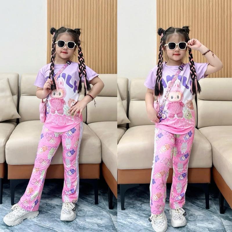 10kg tới 45kg Bộ cộc tay quần dài ống loe dễ thương thun lạnh họa tiết thể thao hoạt hình cho bé gái mặc ở nhà mặc đi học mặc đi chơi xinh xắn pijama cho áo ngủ áo ngủ đồ ngủ labubu đồ tết