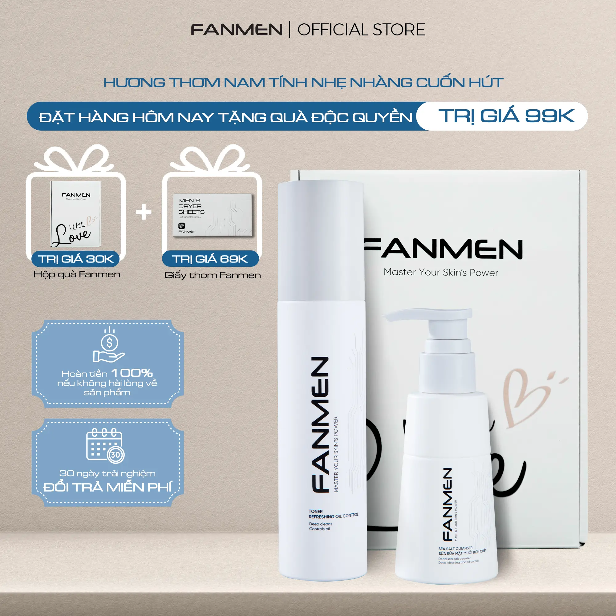 [ COMBO ĐẸP TRAI FANMEN ] Sữa Rửa Mặt Muối Biển Chết 100ml và Toner 150ml Hỗ trợ dưỡng Ẩm Cho Nam | Tặng Hộp Đựng WLn Kèm Quà 0Đ