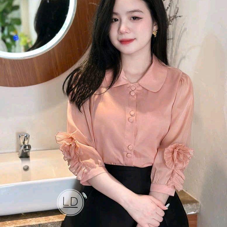 Áo sơmi công sở nữ cổ sen tay lỡ cuốn hoa hàng thiết kế chất đẹp Top Women Shirt 0