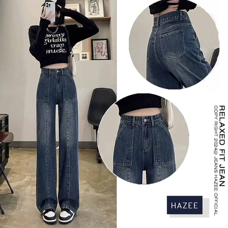 Quần Jean Xanh Cạp Cao tôn dáng HAZEE cao cấp - Quần Jean xuông hách dáng Pants Nữ Denim Thanh lịch Button Casual L Women Lưng Cao quần  jeans 0