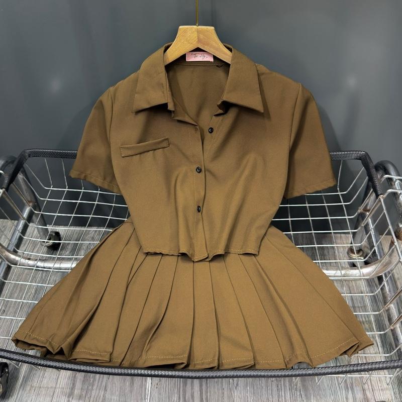 G14 SET SƠMI ÁO TAY NGẮN CROPTOP VẠT BẦU , CHÂN VÁY NGẮN XẾP LY (lưng quần khoá kéo, có quần lót trong)