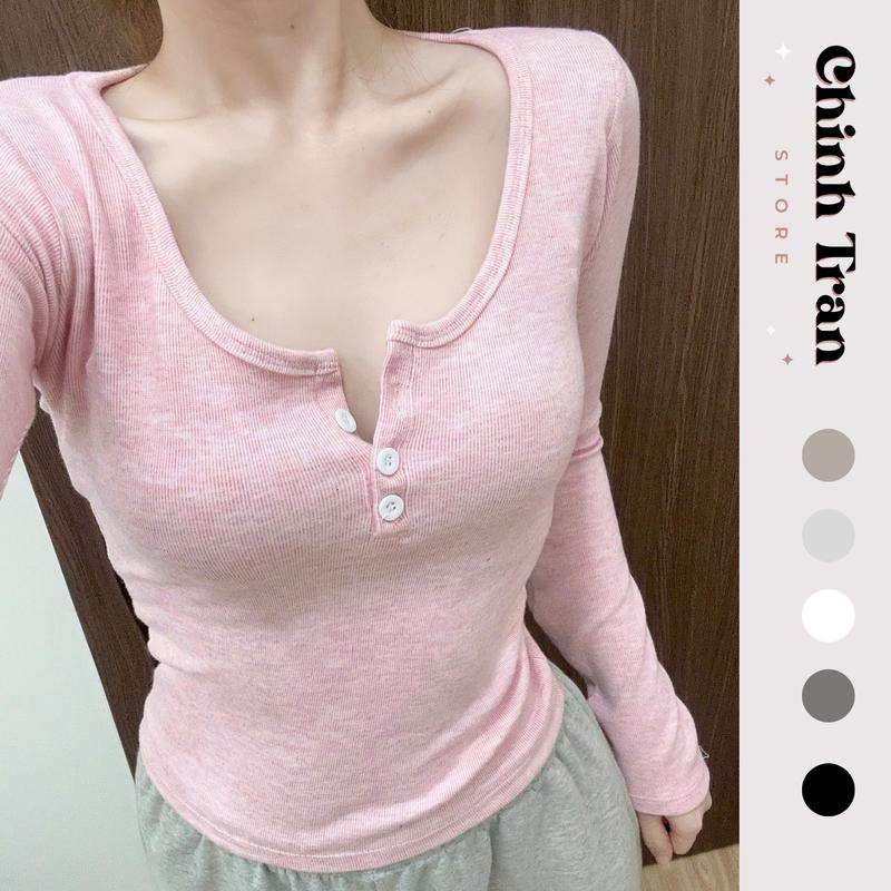 Áo Thun Dài Tay Cổ U Phối Khuy Chất Len Tăm Lông Dày Dặn Form Ôm Body