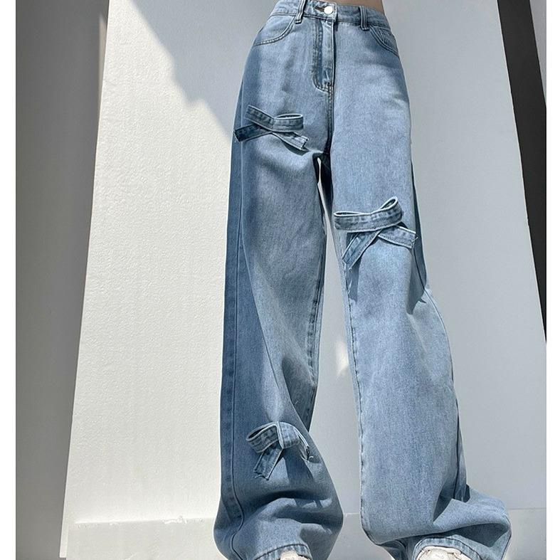 Quần jean nữ dáng dài cạp cao gắn nơ phong cách, quần jean nữ KABICO ống rộng thời trang thanh lịch_k67