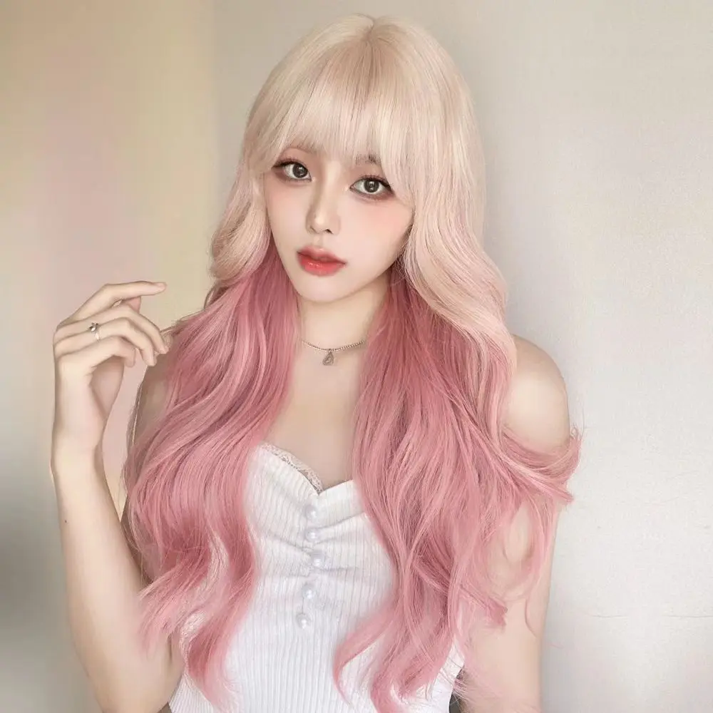 [ GRATIS ONGKIR ] TERLARIS Pink Muda Lolita Panjang Lurus/Curly Rambut Palsu Sintetis Wanita Pria Kawaii Natural Halus Wig Wanita Pria Tahan Panas MURAH