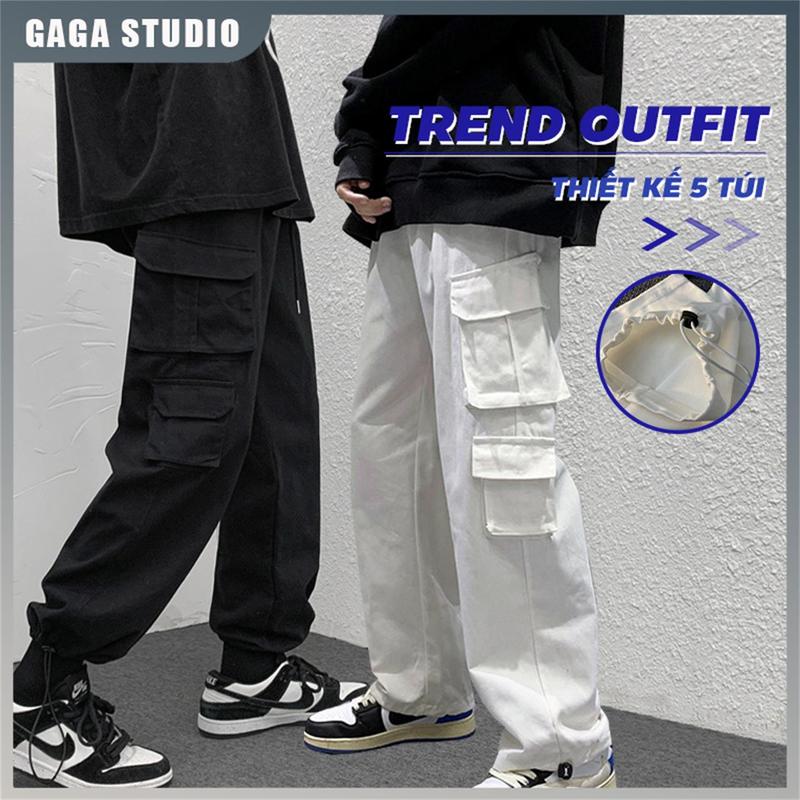 Quần Cargo pants Nam Thời Trang Hiphop Màu Trơn Quần Ống Rộng Trắng Phối Nhiều Túi Phong Cách Unisex