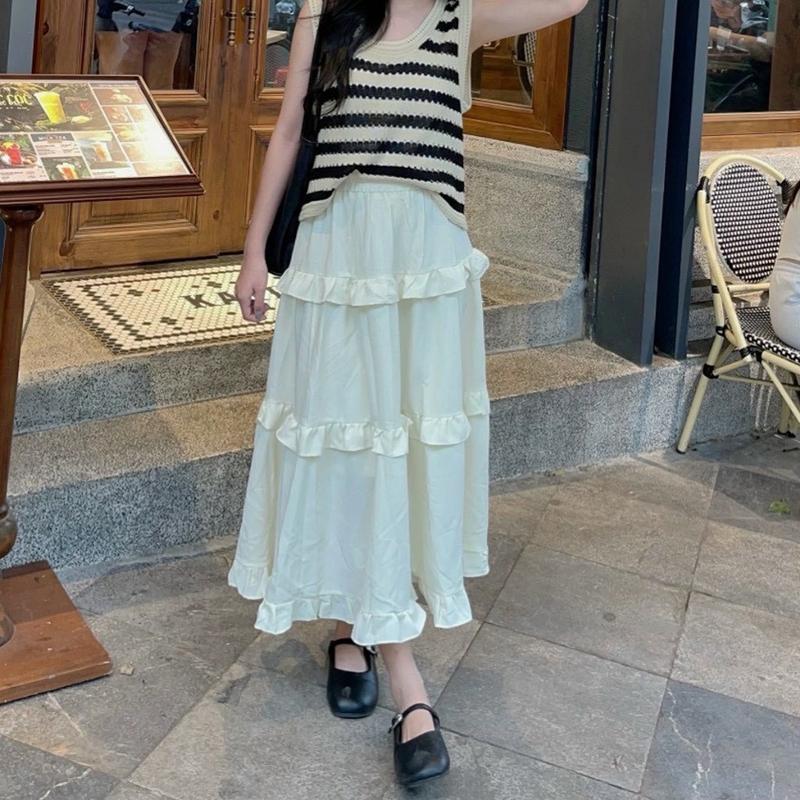 Chân váy XẾP TẦNG GG900nữ BIGSIZE  midi cạp chun dài váy 80cm phối bèo viền 2 lớp 55-90kg Women