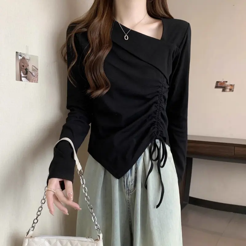 Áo Thun Dài Tay Thiết Kế Mùa Xuân Ngoại Cỡ Phong Cách Sang Trọng Bất Đối Xứng Dành Cho Nữ, Với Lớp Nền Dây Rút, Thích Hợp Cho Cô Gái Đầy Đặn, Áo Dễ Phối Đồ 6