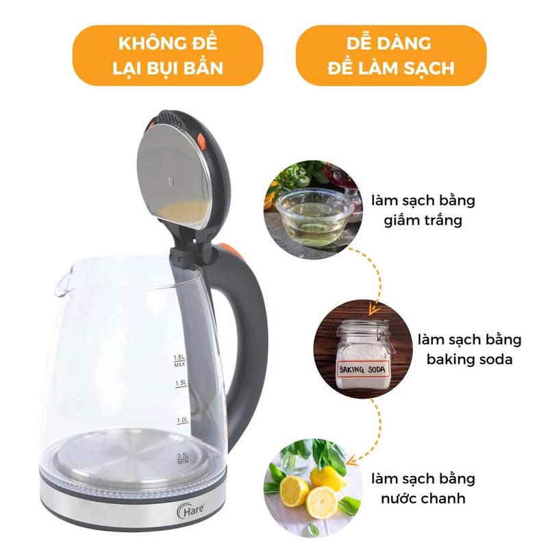 Ấm siêu tốc thủy tinh chịu nhiệt HR-KE1806 (1.8L), công suất 1500W, đun sôi nhanh trong 5 phút - thương hiệu Hare - bảo hành 12 tháng 2