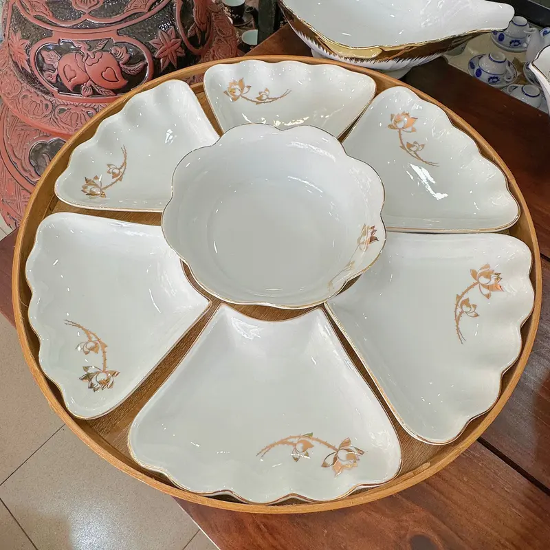 Bộ Bát Hoa Mặt Trời Men Trắng Vẽ Sen Vàng kim 24k- Gốm Bát Tràng Cao Cấp 3