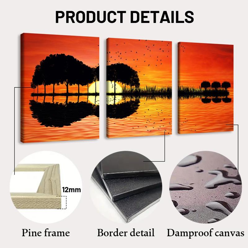 Sunset Guitar & Lake Pattern Framed Canvas Painting, 3 Counts Modern Wall Art Painting, Wall Art Decor for Home Living Room Bedroom Office 3