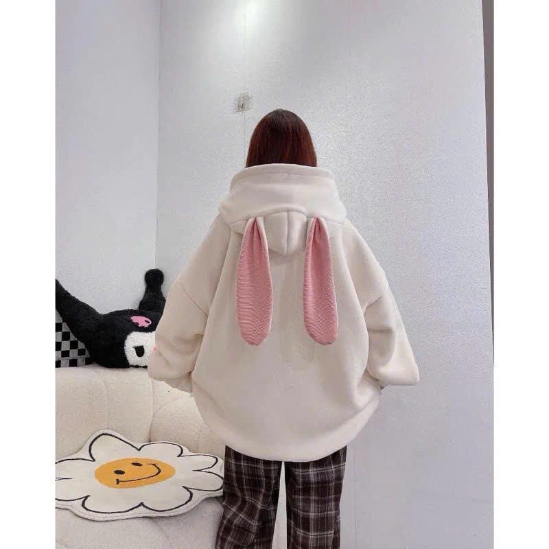 Áo hoodie nỉ tai thỏ tặng kèm nơ hồng chát nỉ tàu mũ trùm siêu xinh 5