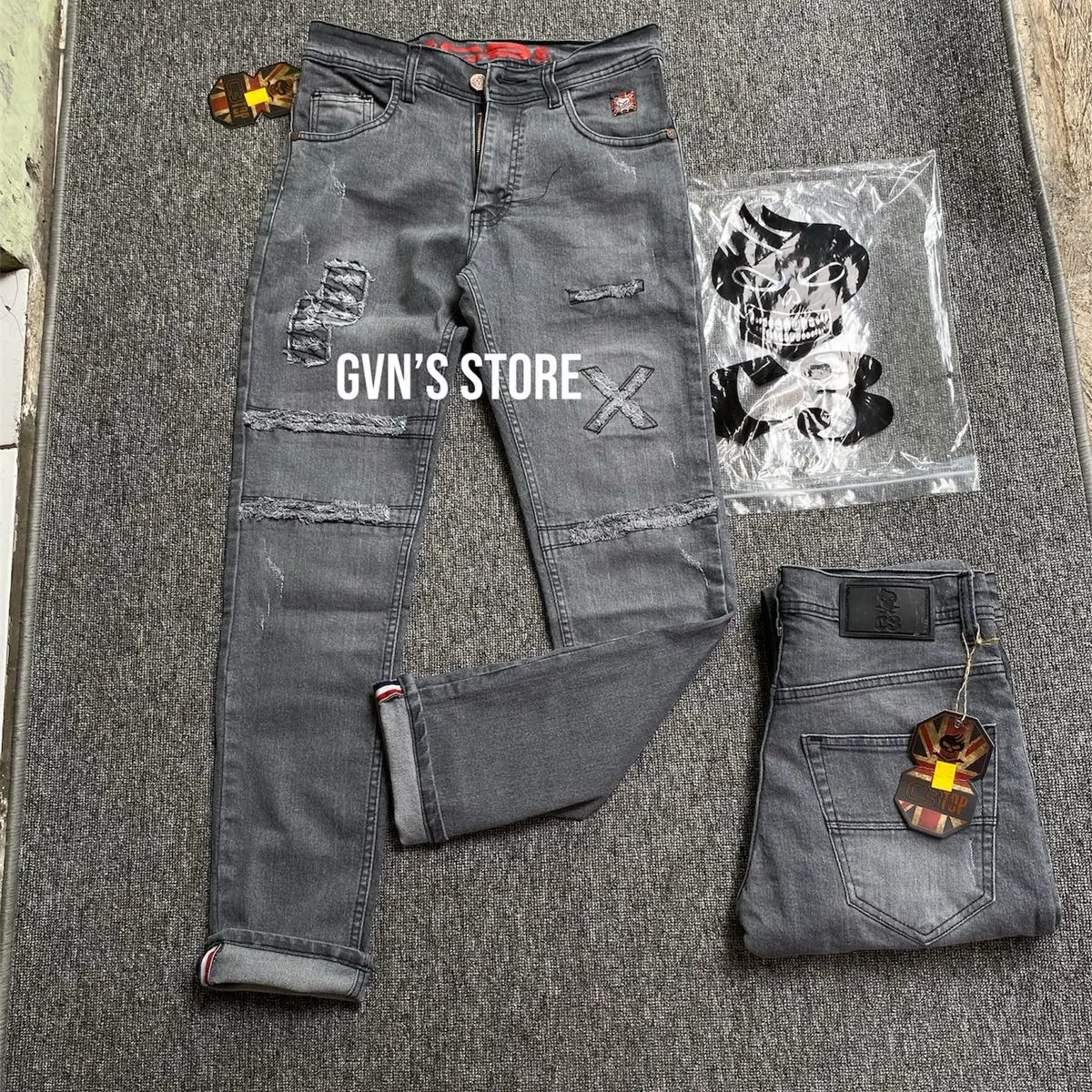 BIG SIZE JUMBO Terlaris celana jeans panjang sobek di lutut Melar Pria Slim Fit Keren Slim-fitting Polos Hitam Cowok/lokal brand gvn's store Motif Nyaman accent selvedge denim