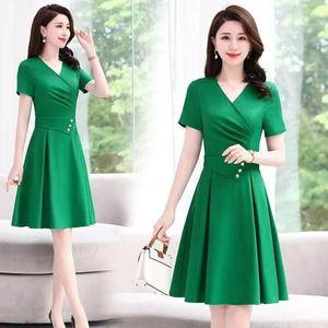 Middle age Women V Neck Dresses defined waist Korean Style Short Sleeve Temperament Mother Plain A-line Dress Casual Plus Size