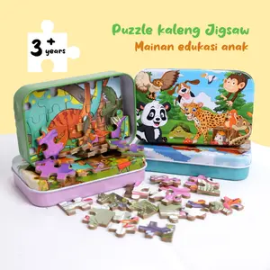 Mainan Anak Puzzle Kaleng Besi 60pcs Wooden Jigsaw Toys Belajar Mengasah Kreatif banyak variasi bisa dipilih