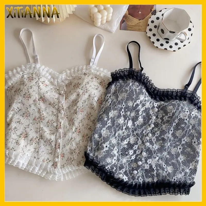 XT Korean Lace Pearl Floral Tank Top Atasan Wanita Korea Style import BRA43 0