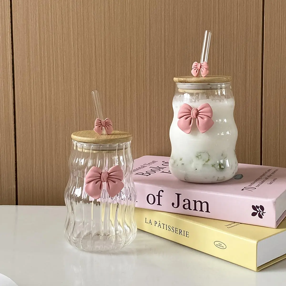 Bowknot Design Glass Cup with Straw & Lid, Cute Glass Jar with Straw & Lid, Drinking Cup for Home Office Dormitory School Picnic, Drinkware
