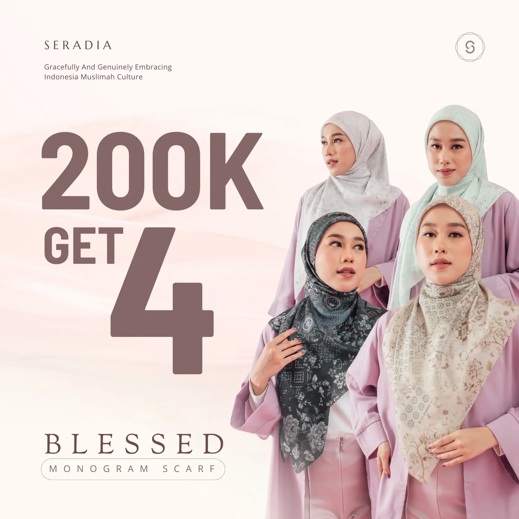 Cuci gudang Seradia Hijab Segi Empat Companion Monogram Hello Kitty Collection Bunga Lembut
