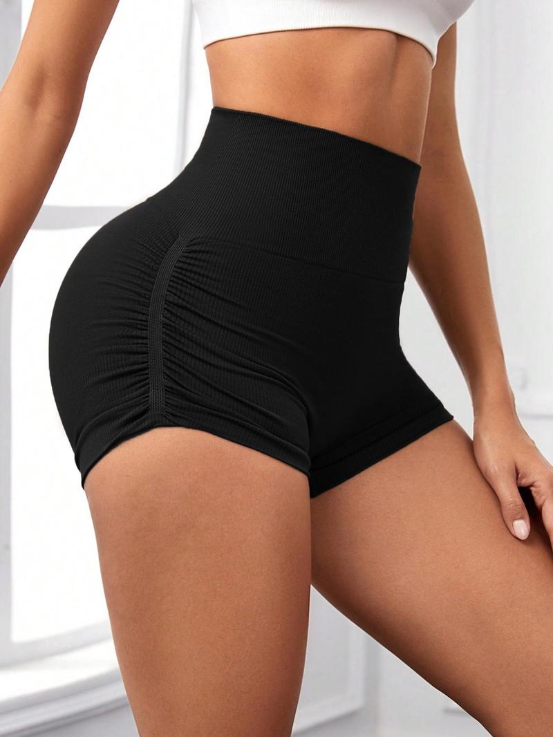 Product Introduction of Plus Size Solid Ruched High Waist Skinny Shorts, Casual Comfy Breathable High Stretch Shorts for Yoga Gym Workout, Women's Bottoms for All Seasons 3