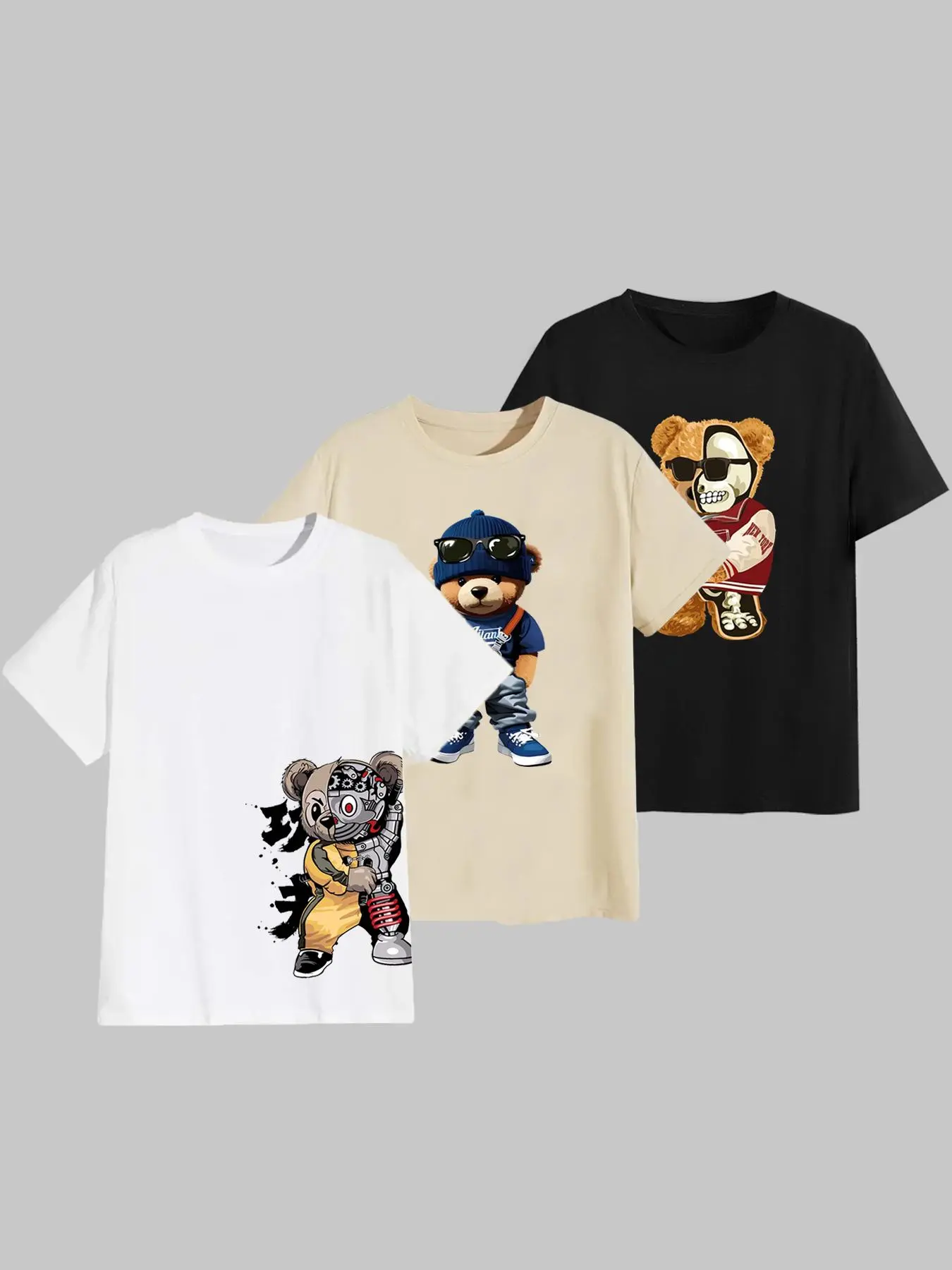 【LGBT】Men's Cartoon Bear Print Round Neck Tee, Regular Fit Casual Comfy 3 Counts Short Sleeve T-shirt, Summer Top for Men