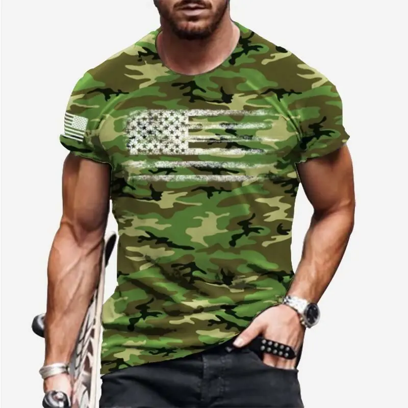 Áo Thun, Thời Trang Nam, Họa Tiết, ngắn Tay, Thiết Kế Cờ Hoa Kỳ, Phong Cách Cổ Điển Camo Xanh Lá Cây