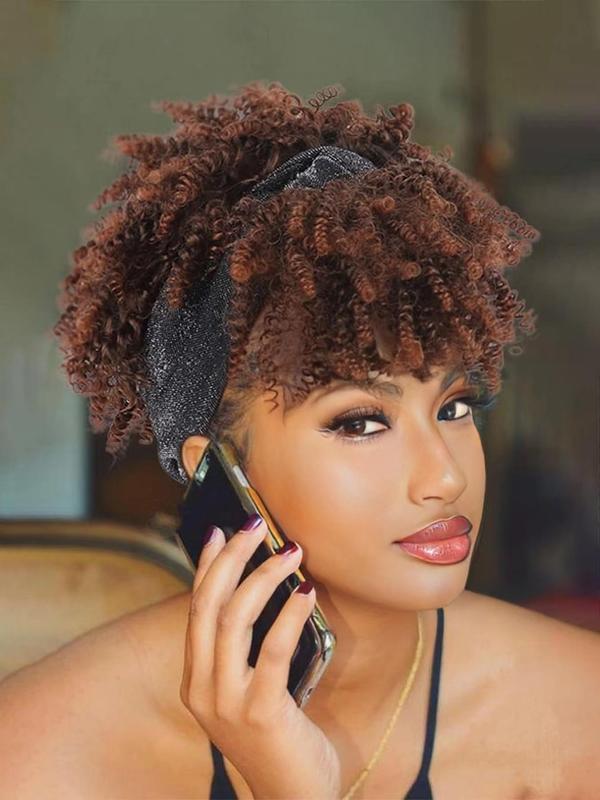 8 Inch Afro Brown Short Curly Wigs with Headband for Women, Gorgeous Fluffy Wigs with Bangs, Synthetic Full Machine Wigs for Party, Daily Use 0
