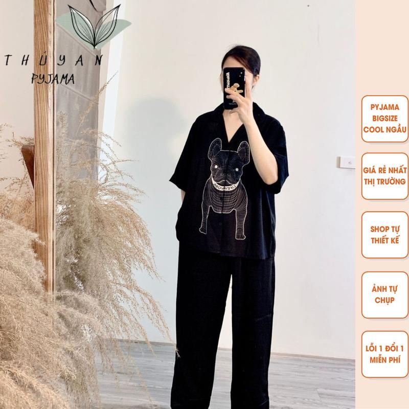 Bộ Pijama Bigsize chó pitbull mờ cộc dài mặc nhà dành cho nữ hay mẹ bầu từ 60kg - 90kg. đồ  ngủ