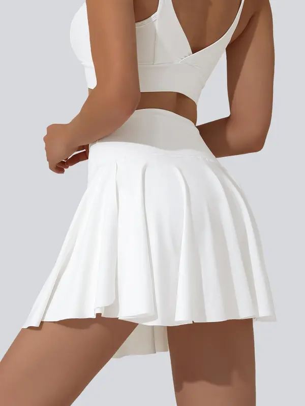 Women's Solid Color V-Shaped Waist Tennis Skort, Casual Sporty Comfortable Breathable Anti-Exposure Tennis Skort with Built-In Pocket for Summer, Ladies Sportswear for Tennis Golf Running 1