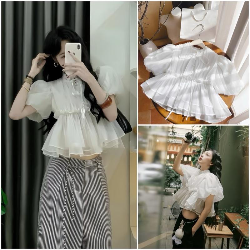 Áo Sơ Mi Babydoll Croptop Bồng Bềnh Tay Phồng Chất Tơ Xốp Màu Trắng