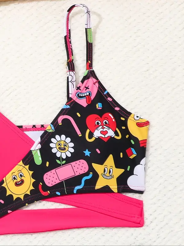 Two-piece Set Girl's Cartoon Print Criss Cross Bikini Set, Casual Adjustable Strap Cut Out Swim Top & Swim Bottom, Two-piece Set for Beach Holiday Vacation 2