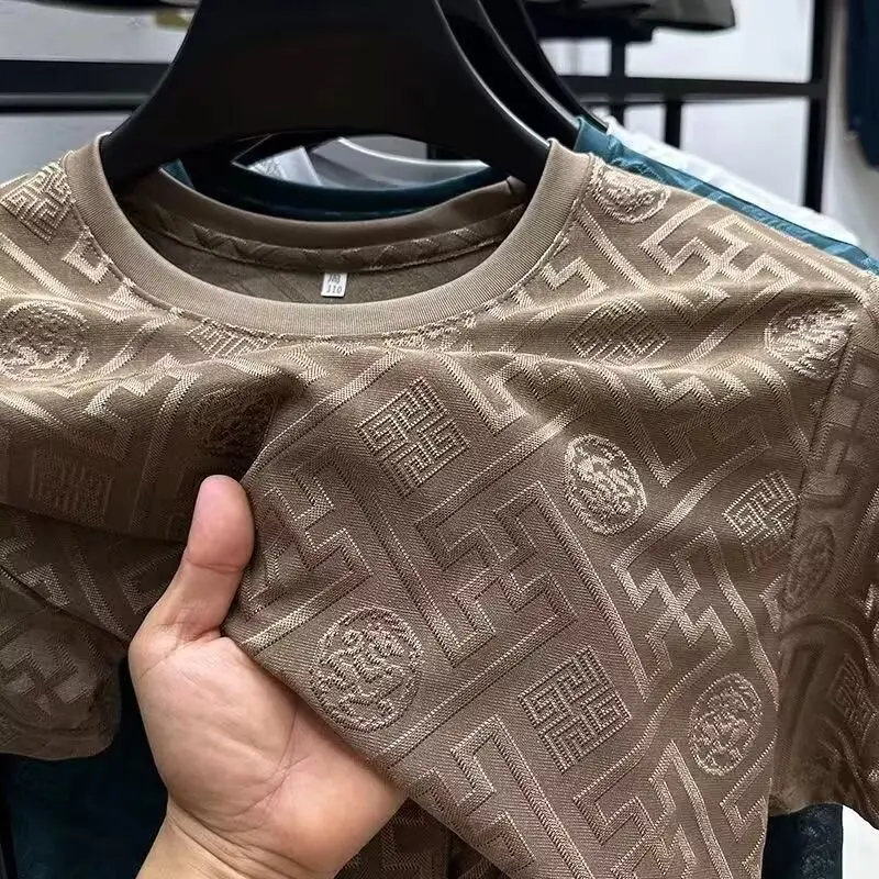 Jacquard short-sleeved round neck T-shirt for men and women niche summer casual half-sleeved niche top 2025 summer new style