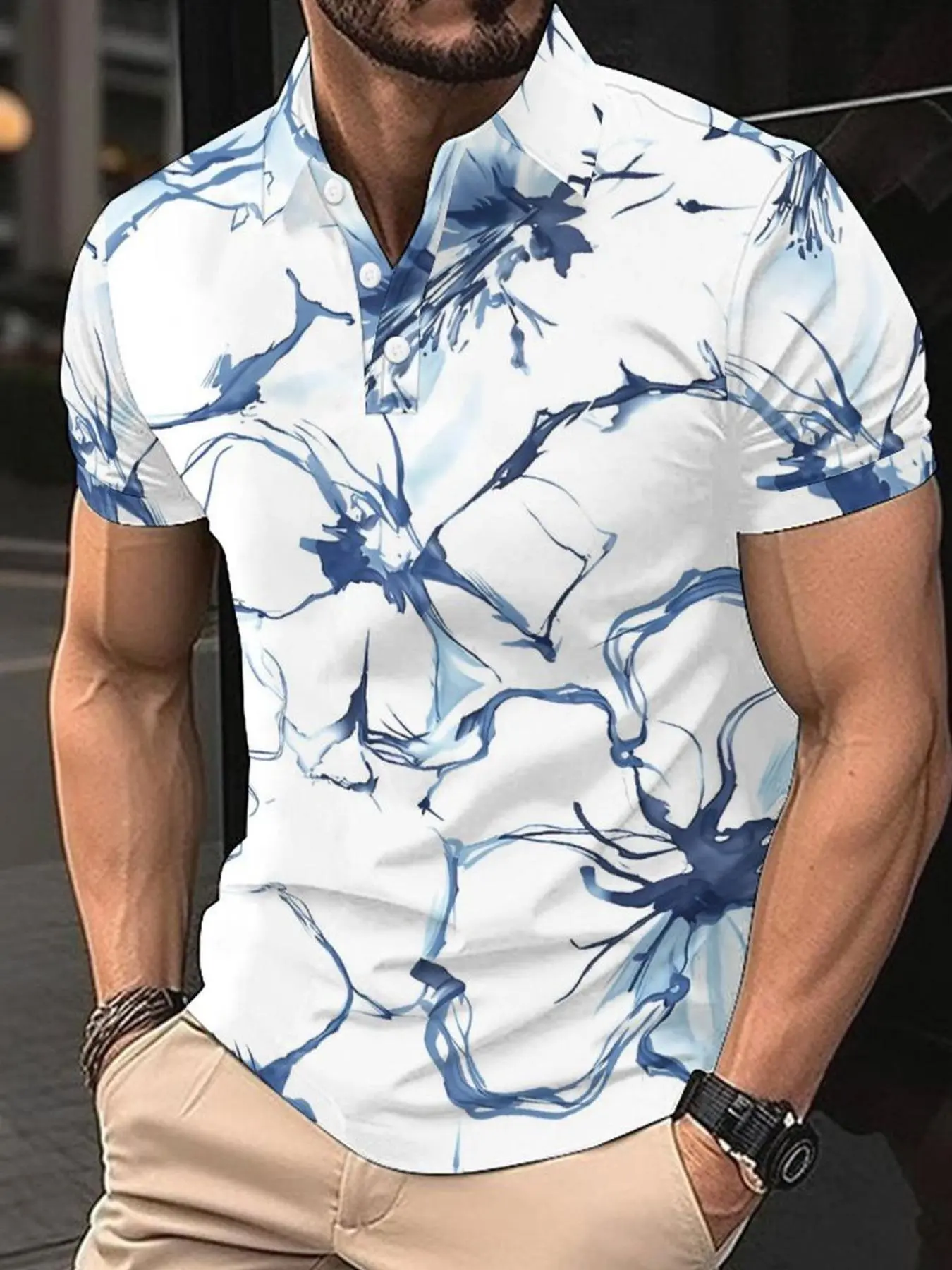 Men's Regular Fit Tree Print Polo Shirt, Casual Short Sleeve Half Zip Up Collar Top for Summer, Fashion Men's Clothes for Daily Wear, Tropical