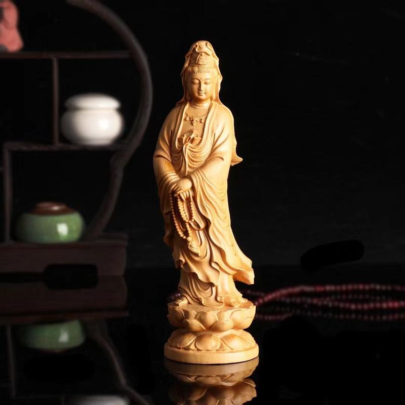 Product Introduction of Cliff Cypress Wood Carving Guanyin Buddha Statue Ornament Standing Statue Worship Household Solid Wood Guanyin Smiling Face Guanyin 1