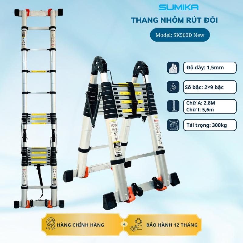 Thang nhôm rút đôi SUMIKA SK560D NEW, rút chữ A cao 2.8m, rút chữ I cao 5.6m, tải trọng 300kg