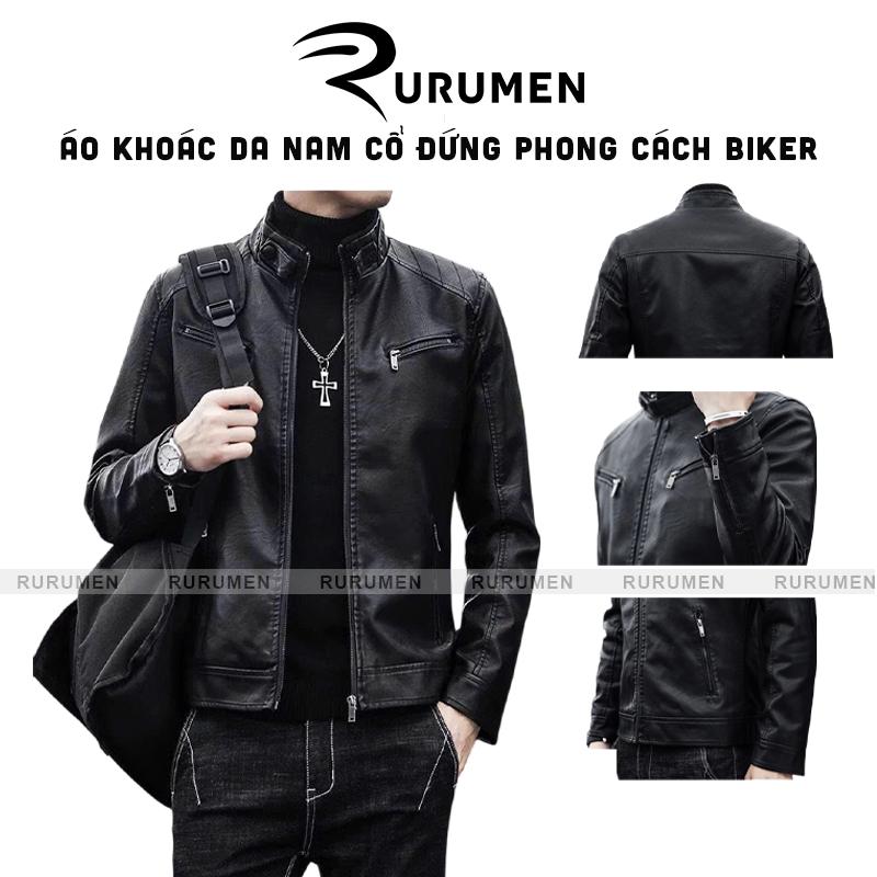 AK097 - Áo Khoác Da Nam RURUMEN  - Áo Khoác Da Nam Đen Form Đứng Cổ Cao – Phong Cách Biker Cá Tính