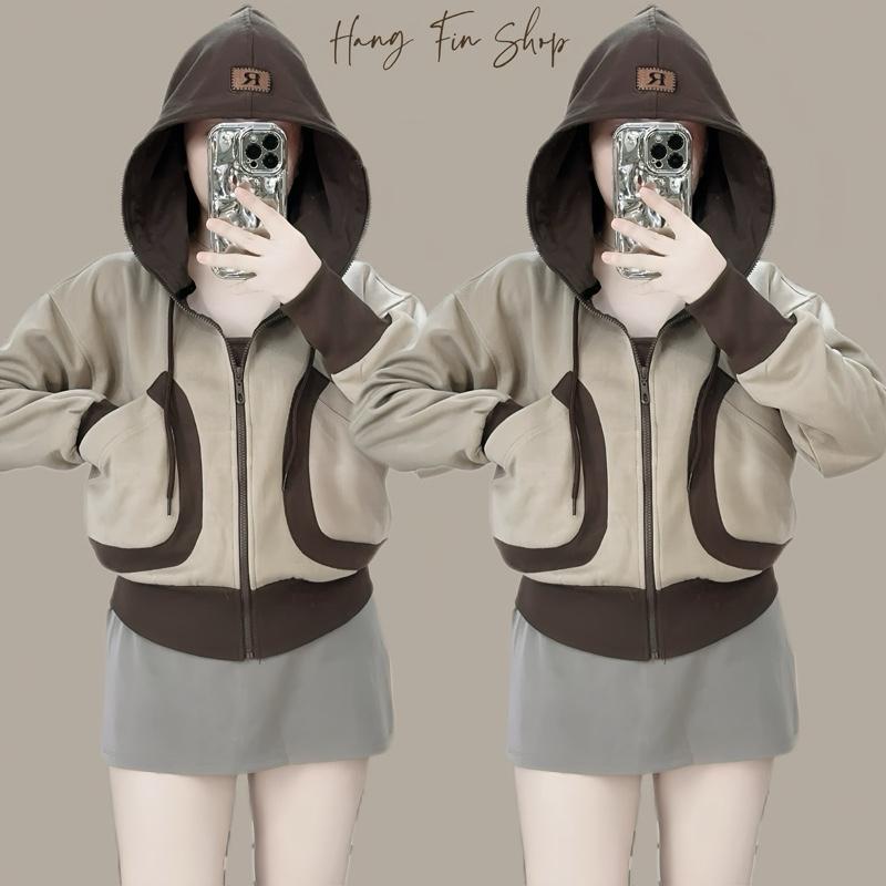 Áo Khoác Nữ Hằng Fin PC Cotton Mix Thun Gân Viền Kiểu Mới Thêu Logo Nón Đủ 6 Túi Tiện Lợi Kiểu Dáng Trẻ Trung Thanh lịch