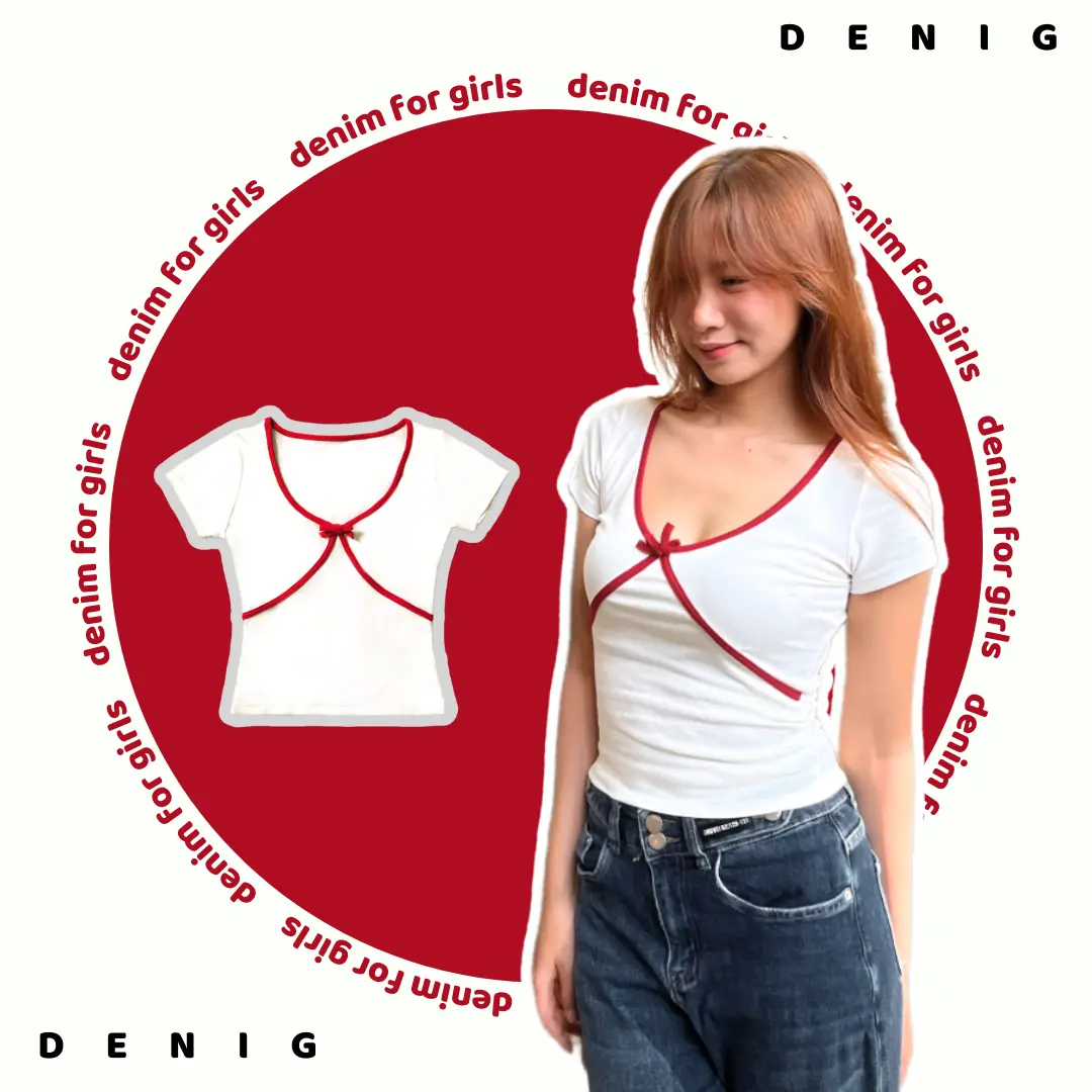 Áo thun baby tee cổ chữ V phối viền đỏ DENIG