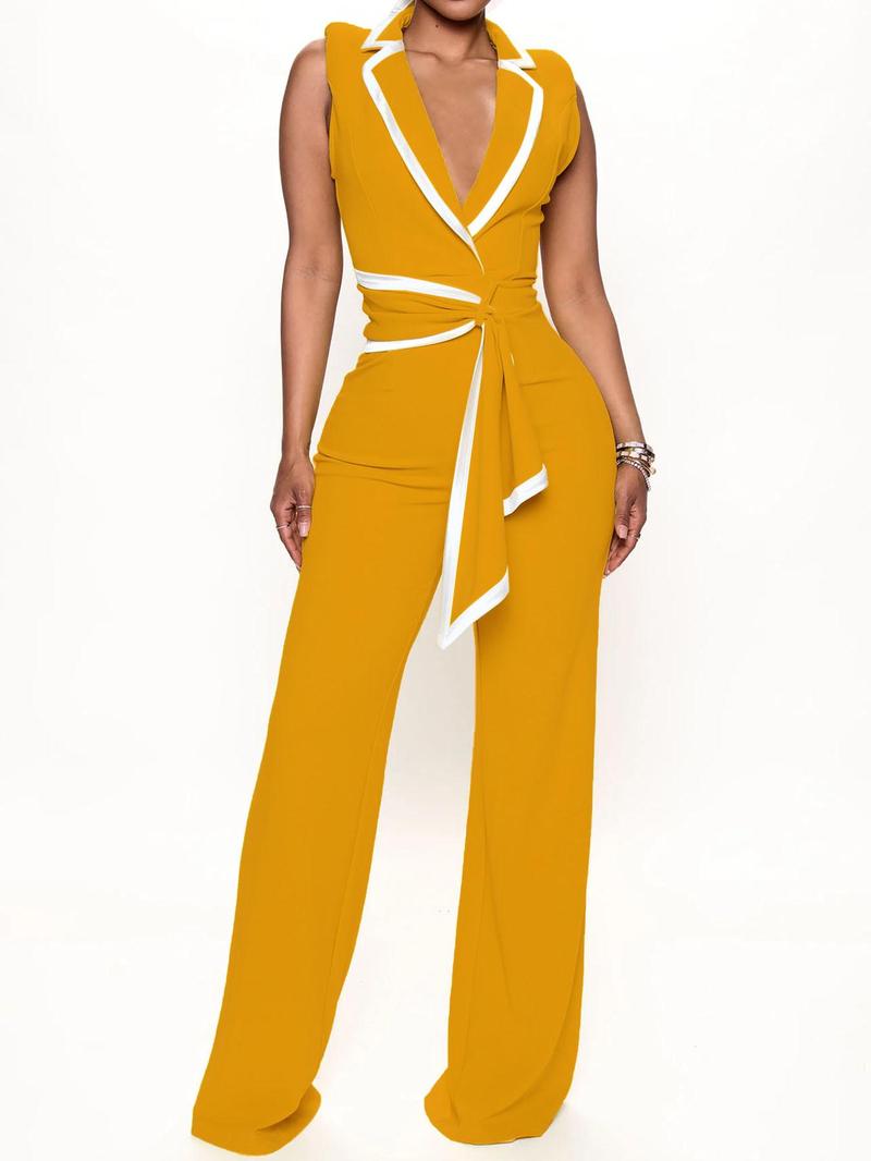 Product Introduction of Women's Contrast Binding Belted Wrap Flare Leg Jumpsuit, Summer Clothes Women, Modern Style One Piece Lapel Neck Jumpsuit for Summer, Jumpsuit for Women, Ladies Summer Clothes for Business Office, Jumpsuitwome 3
