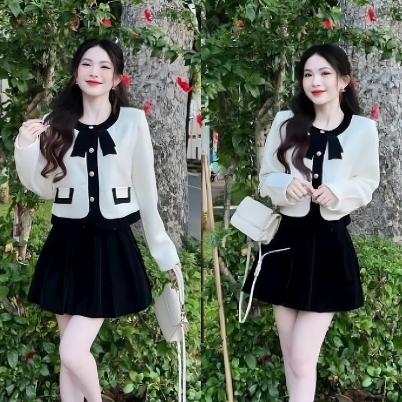 Set đồ nữ áo cotton lạnh màu trắng tay dài cổ tròn nút giả đính nơ viền đen phối chân váy nhung có lót xin xắn, dễ thương dành cho các nàng đi chơi, đi tiệc, đi du lịch Top Women