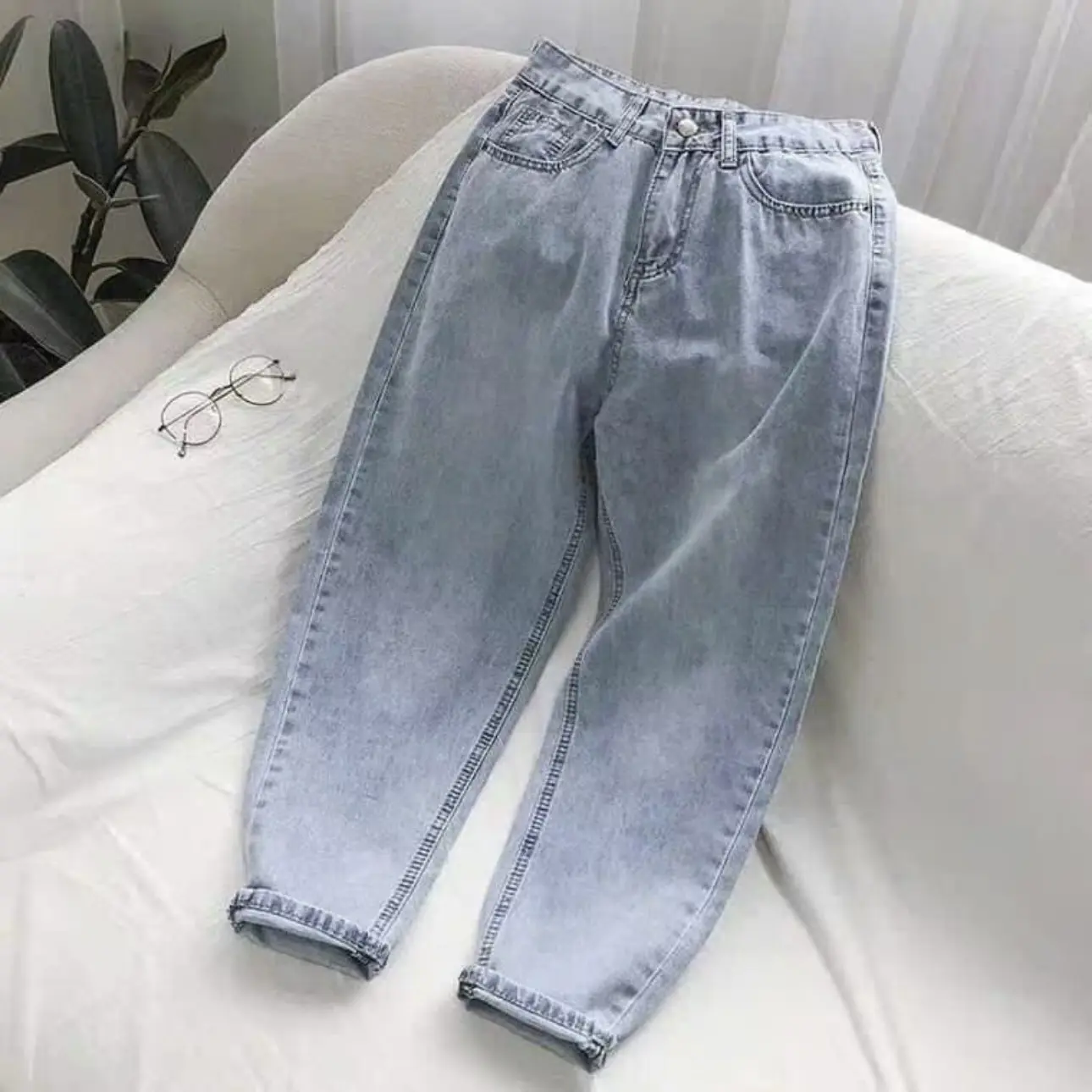 Quần baggy jean nữ ống Đứng lưng cao k co giãn ,Quần jean nữ xanh trơn from 9 tấc NJ513
