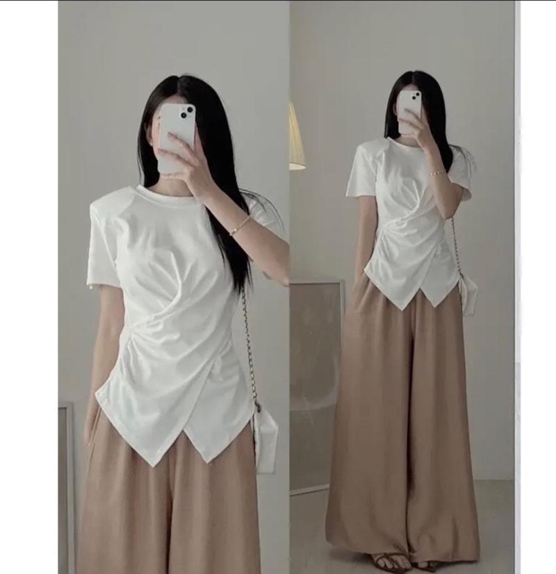Product Introduction of Áo thun kiểu nữ bigsize 50-90kg áo thun gân tăm xoắn eo, cổ tròn , áo cộc tay vạt chéo Cổ tròn 2