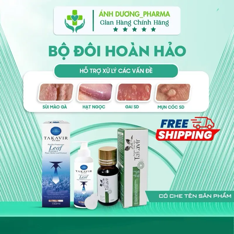 MN2_Che tên Combo dành cho nam gồm Dung dịch vệ sinh Nam TAKAVIR 150ml và Serum Thảo Mộc TAKAVIR 10ml hỗ trợ các vấn đề như hạt ngọc,sùi, m Cơm,m Cóc tại nhà an toàn lành tính