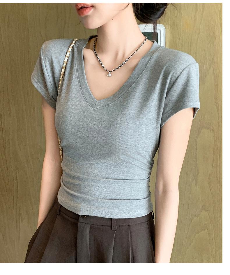 Product Introduction of Summer New Slim Fit V-Neck Short Sleeve T-Shirt for Women, Versatile Waist-Cinching Slimming High-End Top, Niche Style 21