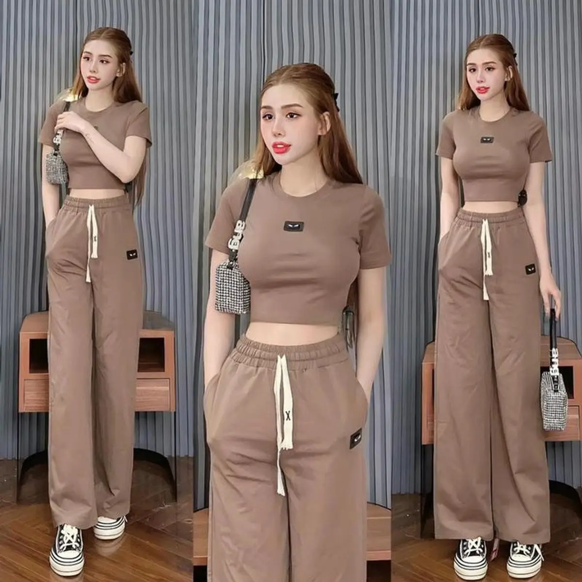 Bộ nữ thiết kế Bộ Áo Thun Croptop Phối Quần Dài Suông Ống Rộng Năng Động Dạo Phố Đi Chơi Xinh
