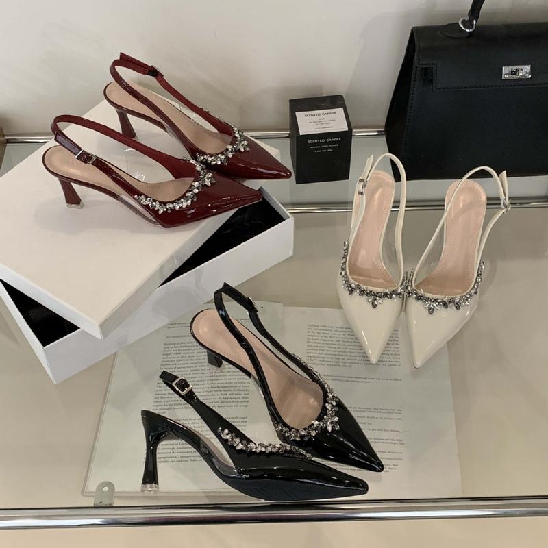  Chị Đẹp Store - Giày sandanl cao gót nữ Hở Gót Mũi Nhọn Da Bóng Phối Mika Đính Đá Có Khuy điều chỉnh Gót nhọn 7 phân - U116 Shoes Nữ 